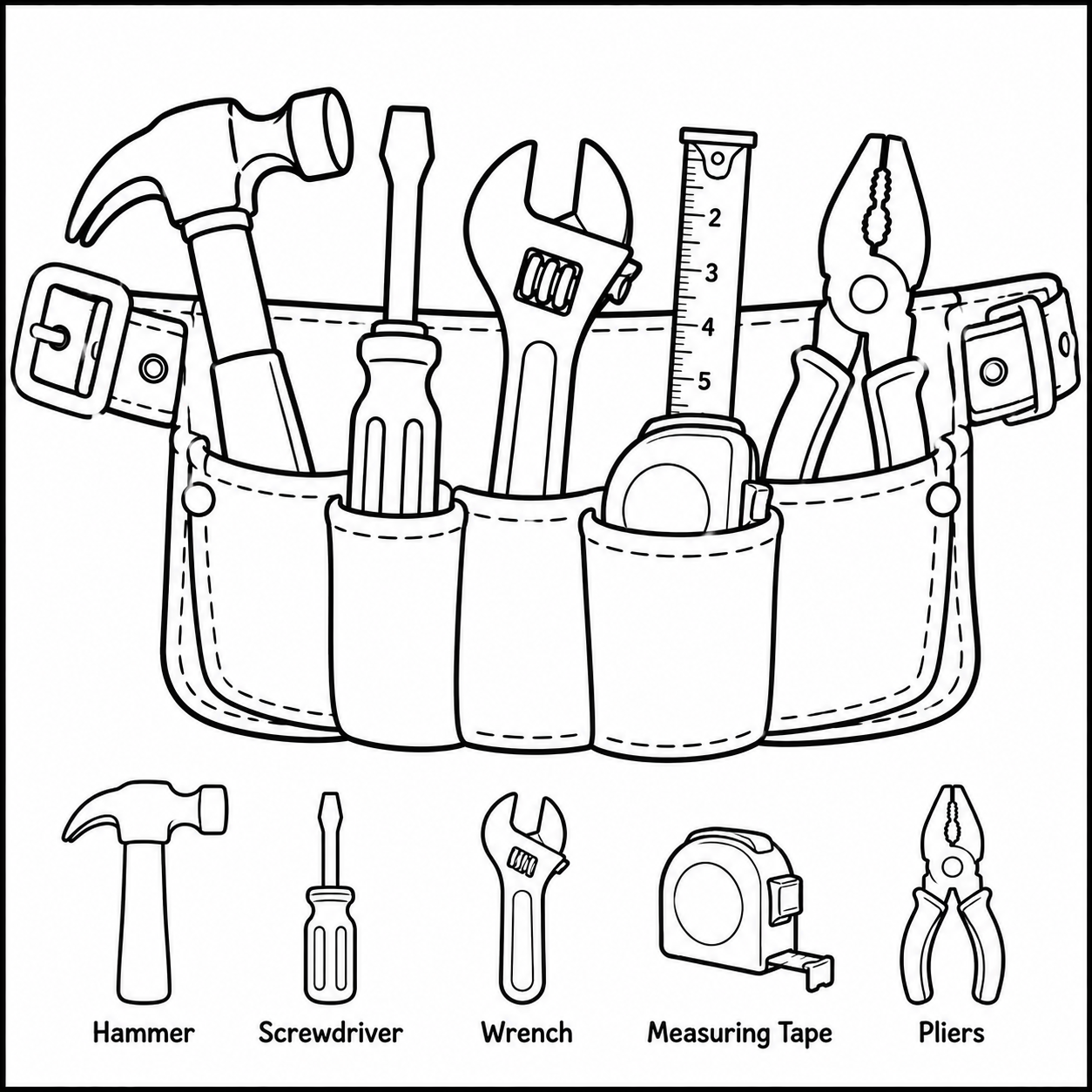 Tool Belt and Work Tools coloring page with hammer, screwdriver, wrench, tape measure, and pliers